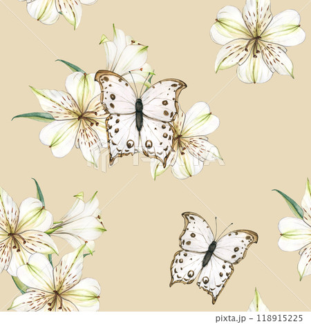 Watercolor seamless pattern with white flowers and Butterflys. Vintage background with composition of Lilies. Floral botanical illustration for textile, scrapbooking paper, stationery design 118915225