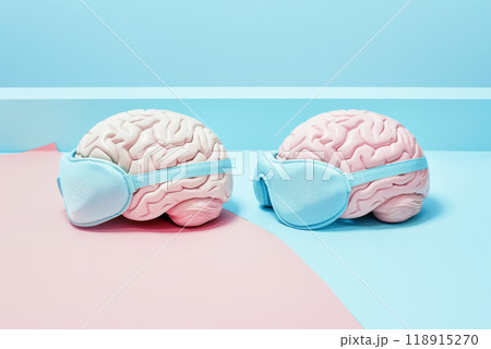 Human brains wearing in sleep mask, pastel pink and blue colors 118915270