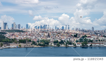 View from the sea to Istanbul. The coastline with old and new houses in the vicinity of the city. View from the sea to Istanbul. The coastline with old and new houses in the vicinity of the city. 118915343
