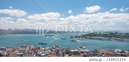 View from the roof of the Bosphorus Strait with ships and old town. Summer panoramic landscape View from the roof of the Bosphorus Strait with ships and old town. Summer panoramic landscape 118915354