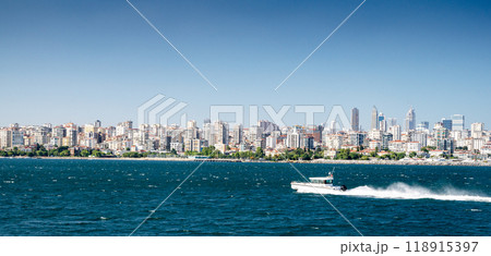 Panoramic view from the sea to Istanbul. The boat is sailing on the waves in the Sea of Marmara  118915397