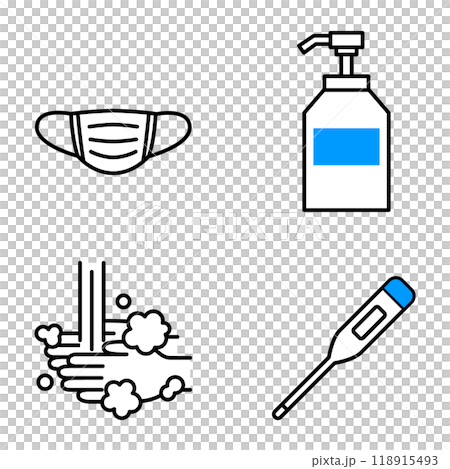 Icons for four infection prevention measures (mask, disinfectant, hand washing, temperature check) 118915493
