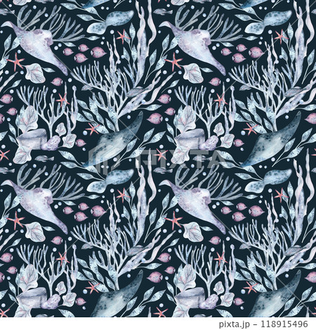 Watercolor underwater scene featuring marine life, stingrays, starfish, and seaweed in soft pastel colors. Underwater seamless pattern of creatures, plants isolated for marine design, home textile. 118915496