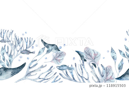 Underwater seamless border watercolor blue monochrome with coral, stingray and sea plants illustration isolated . Seabed with creatures in dusty blue and lavender hand drawn on repeated background. Underwater seamless border watercolor blue monochrome with coral, stingray and sea plants illustration isolated . Seabed with creatures in dusty blue and lavender hand drawn on repeated background. 118915503