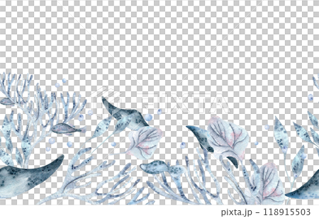 Underwater seamless border watercolor blue monochrome with coral, stingray and sea plants illustration isolated . Seabed with creatures in dusty blue and lavender hand drawn on repeated background. Underwater seamless border watercolor blue monochrome with coral, stingray and sea plants illustration isolated . Seabed with creatures in dusty blue and lavender hand drawn on repeated background. 118915503