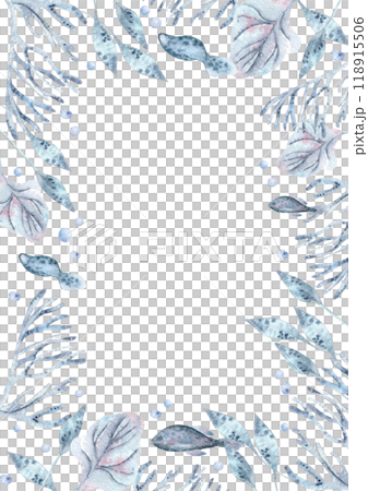 Underwater blue monochrome frame with coral, fish, and sea plants watercolor illustration isolated . Marine life fishes and bubbles in dusty blue and lavender tones hand drawn. Sea life template card. Underwater blue monochrome frame with coral, fish, and sea plants watercolor illustration isolated . Marine life fishes and bubbles in dusty blue and lavender tones hand drawn. Sea life template card. 118915506