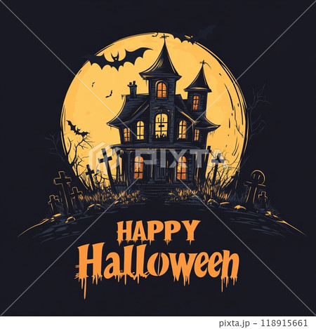 Cartoon haunted house with full moon background for Halloween holiday design concept. Cartoon haunted house with full moon background for Halloween holiday design concept. 118915661