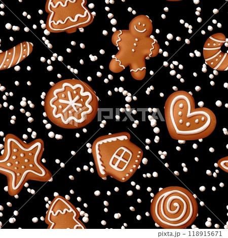 Seamless Christmas pattern with gingerbread cookies on black background 118915671