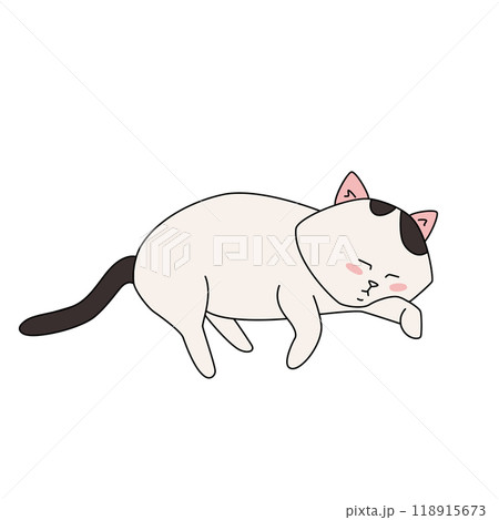 Doodle funny white cat with black tail lying asleep. Simple vector illustration isolated Doodle funny white cat with black tail lying asleep. Simple vector illustration isolated 118915673