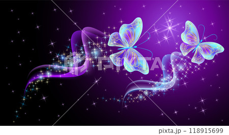 Fairytale night sky with magical butterflies with sparkling trail and glowing stars. Fantasy sparkle violet background. 118915699