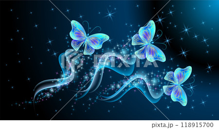Fairytale night sky with magical butterflies with sparkling trail and glowing stars. Fantasy sparkle blue background. 118915700