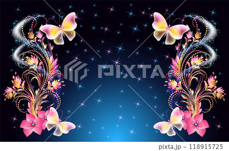Fairytale night sky with magical butterflies and floral golden ornament and stars. Fantasy sparkle background. 118915725