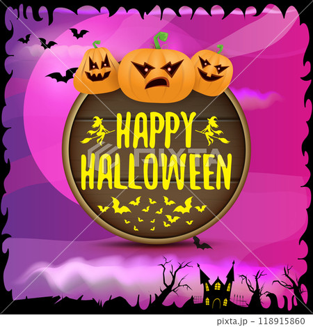 Happy Halloween banner with bats, cat, castle, graveyard and Halloween scary pumpkins isolated on spooky night background . Funky kids Halloween banner with greeting text 118915860
