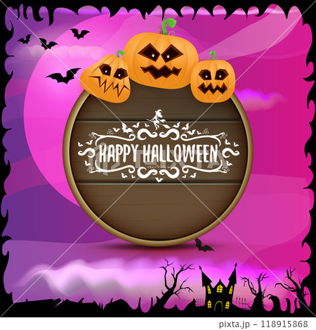 Happy Halloween banner with bats, cat, castle, graveyard and Halloween scary pumpkins isolated on spooky night background . Funky kids Halloween banner with greeting text 118915868