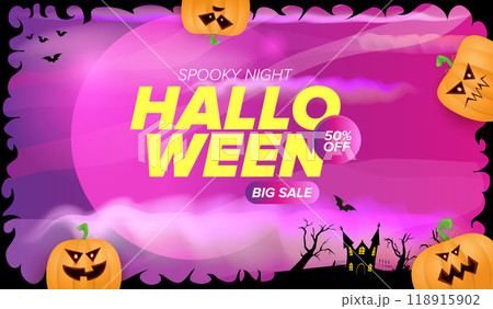 Halloween big sale banner with funky scary pumpkins, castle, graveyard on night spooky background. Halloween sale poster design template Halloween big sale banner with funky scary pumpkins, castle, graveyard on night spooky background. Halloween sale poster design template 118915902