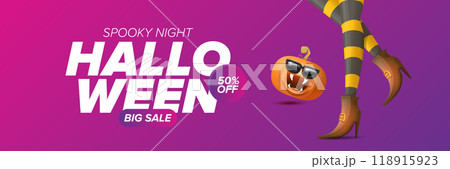 Halloween big sale banner with witch legs and funky pumpkin with sunglasses on night spooky background. Halloween sape poster design template 118915923
