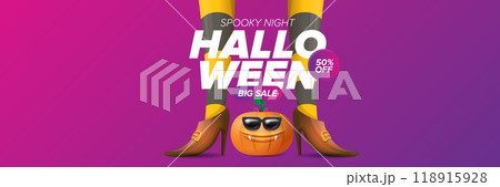 Halloween big sale banner with witch legs and funky pumpkin with sunglasses on night spooky background. Halloween sape poster design template 118915928