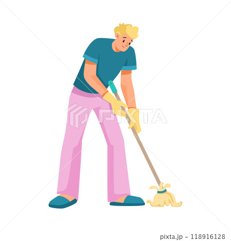 Man Character Mopping Floor Do Cleanup at Home Vector Illustration 118916128