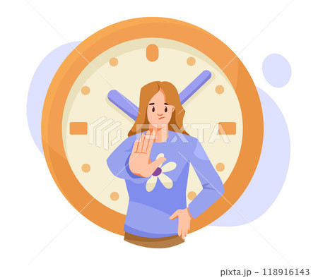 Woman Character Show Stop Sign with Clock Dial Behind Vector Illustration 118916143