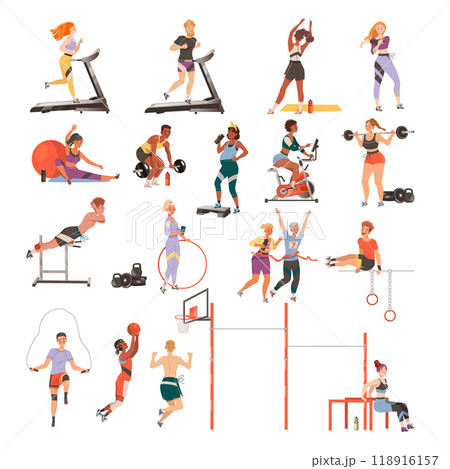 People Do Sport Engaged in Physical Activity and Exercise Vector Set 118916157