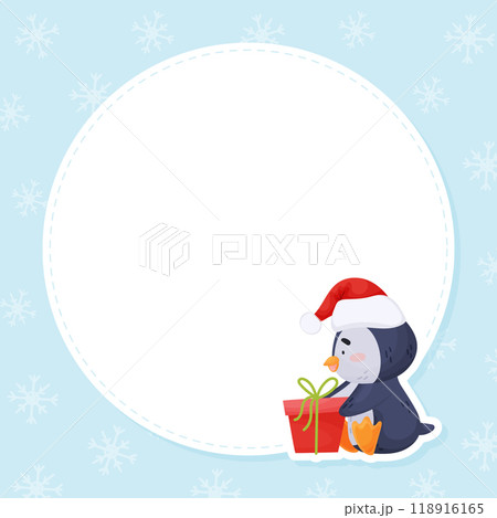 Round Banner with Cute Penguin Character Vector Template 118916165