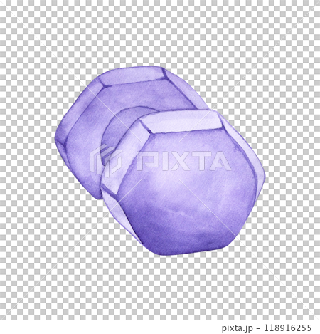 Watercolor illustration of a sports dumbbell. The drawing is made by hand. Sports equipment of purple color on a transparent background. Image for stickers, scrapbooking, posters, prints Watercolor illustration of a sports dumbbell. The drawing is made by hand. Sports equipment of purple color on a transparent background. Image for stickers, scrapbooking, posters, prints 118916255
