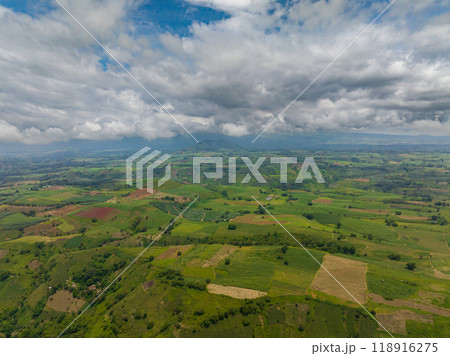 Farmland land and paddy fields. Blue sky and clouds. Mindanao, Philippines. 118916275