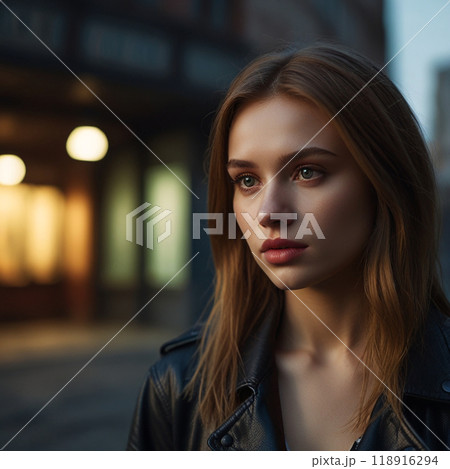 Beautiful pensive girl in the background of the entrance to the building. Beautiful pensive girl in the background of the entrance to the building. 118916294