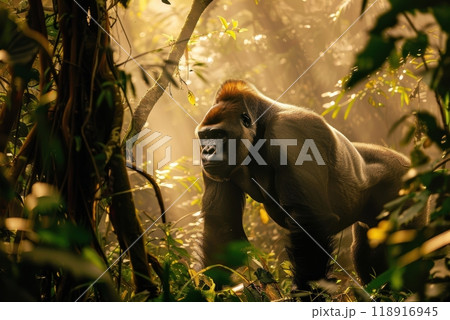 Majestic Silverback Gorilla in Dense Jungle with Sunlight Filtering Through Canopy 118916945