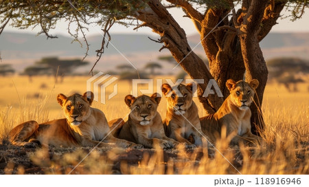 Regal Pride of Lions Resting Under Acacia Tree in Golden Light of African Savannah Regal Pride of Lions Resting Under Acacia Tree in Golden Light of African Savannah 118916946