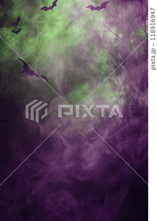 Mystical Abstract Halloween Background with Bats, Skulls, and Eerie Purples and Greens for Posters 118916947