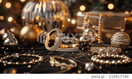Luxurious Holiday Jewelry Display for Cyber Monday Featuring Sparkling Gold and Diamond Pieces 118917190
