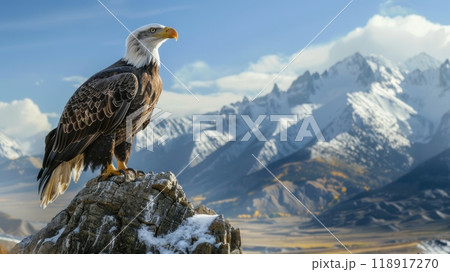 Majestic Bald Eagle Perched on Rocky Ledge Overlooking Snow-Capped Mountains and Clear Blue Sky 118917270