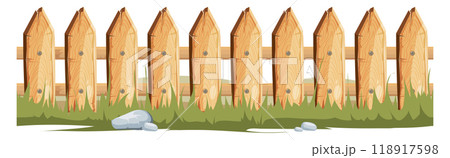 Wooden board farm barrier. Cartoon plank fence Wooden board farm barrier. Cartoon plank fence 118917598