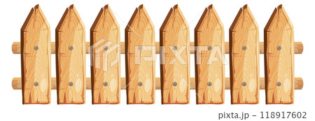 Wooden planks rural fence. Cartoon rustic barrier 118917602