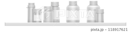 Drug bottles shelf. White plastic containers realistic mockup 118917621