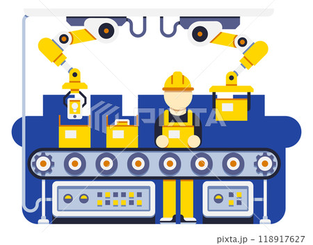 Packaging production on manufacture. Worker on industrial factory conveyor Packaging production on manufacture. Worker on industrial factory conveyor 118917627
