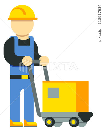 Workman with cargo box. Delivery or storage worker. Shipping character Workman with cargo box. Delivery or storage worker. Shipping character 118917634