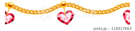 Heart pendant on golden chain. Horizontal seamless border 118917663