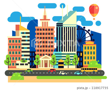 City flat illustration. Urban street buildings and road 118917735