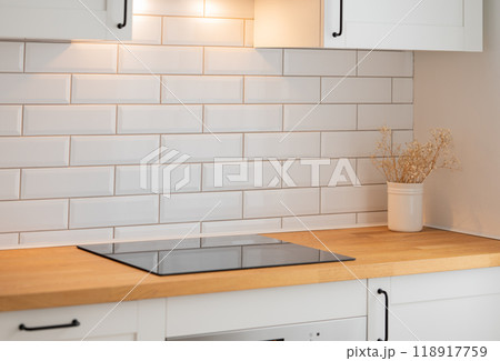 Empty wooden countertop with free space for product montage or mockup 118917759