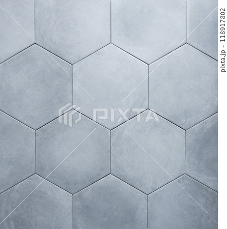 Background of gray hexagon shaped ceramic tiles. Trendy empty backdrop for displaying products Background of gray hexagon shaped ceramic tiles. Trendy empty backdrop for displaying products 118917802