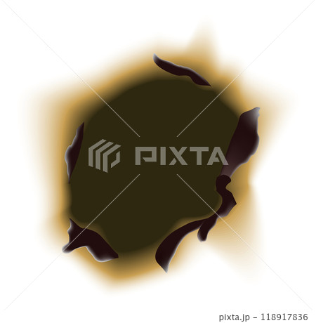 Burnt hole in white paper. Realistic scorched edge Burnt hole in white paper. Realistic scorched edge 118917836
