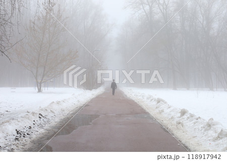 Silhouette of a man in thick fog, Winter park atmosphere, one man walking 118917942