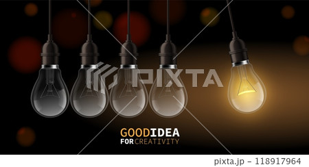 Perpetual motion with idea light bulbs. 3d lightbulb as symbol of creative process. Business brainstorming. Banner design. Realistic isolated electricity element. Vector innovation concept 118917964