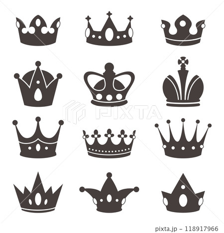 Royal crown silhouettes. Power symbol icons, king, queen and princess accessories, majestic corones, simple heraldic elements, monarch diadem, logotype design, vector black flat isolated set 118917966