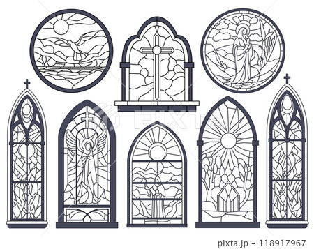 Stained glass outline windows. Church catholic and christian frames, architecture arched, round and pointed religious mosaic elements, gothic cathedral ornament, saint and angel, vector set 118917967