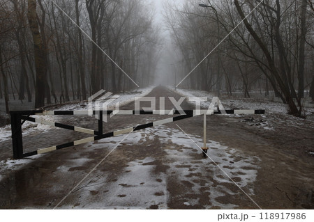 Flooded park, heavy fog, Chernihiv Ukraine, Winter foggy park atmosphere Flooded park, heavy fog, Chernihiv Ukraine, Winter foggy park atmosphere 118917986