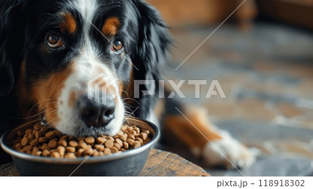 Patient Bernese Mountain Dog Waiting for Kibble with Longing Eyes 118918302