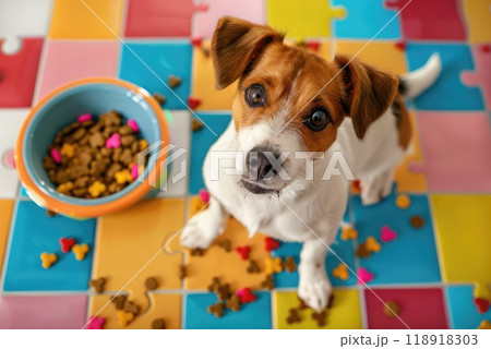 Energetic Jack Russell Terrier Excitedly Solving Colorful Puzzle Feeder Challenge 118918303